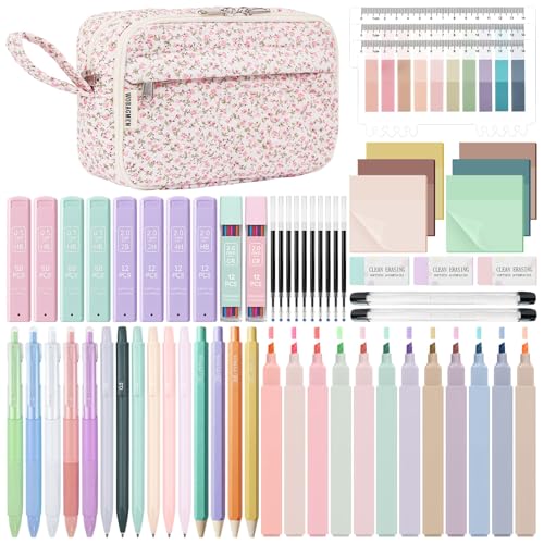 WOBAGMEN 62PCS Aesthetic School Supplies with Quilted Pencil Case, Pastel Highlighters, Gel Pens Mechanical Pencils Set, Cute Back to School Supplies, College Essentials(Pink Floral, M) - color: Pink Floral