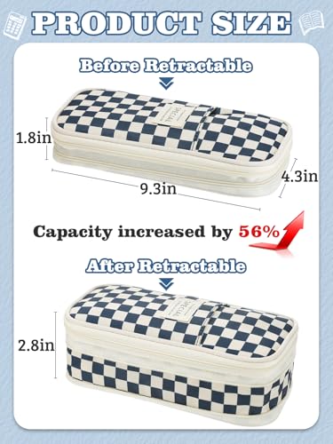Bigmeta Gingham Expandable Pencil Case for Teens Girls - Navy - color: Navy