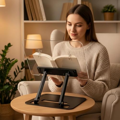Acrylic Adjustable Book Stand, Reading Stand with Lift Design, High-Density Alloy Desktop Document Holder for Document Recipe, Cookbook, Music Book (Black) - color: Black