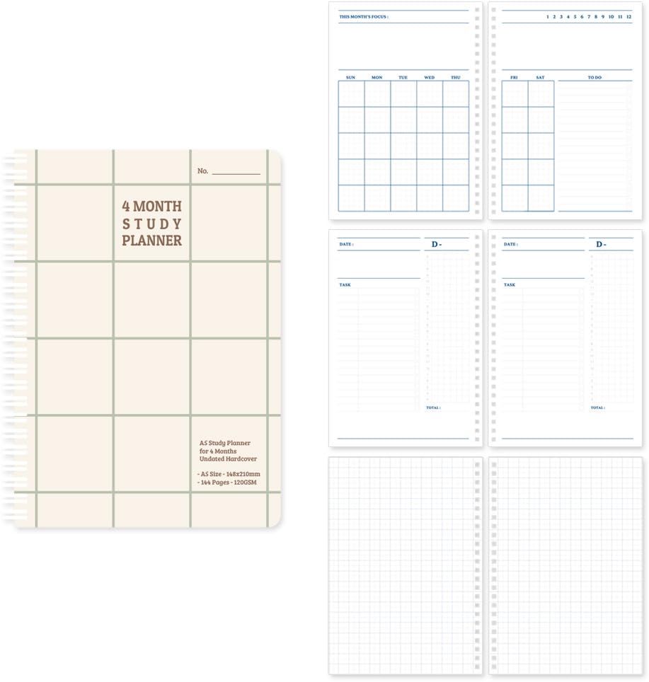 Monolike Checkers 4 Month Study Planner, Green Line - Academic Planner, Weekly & Monthly Planner, Study plan - color: Checkers - Green Line