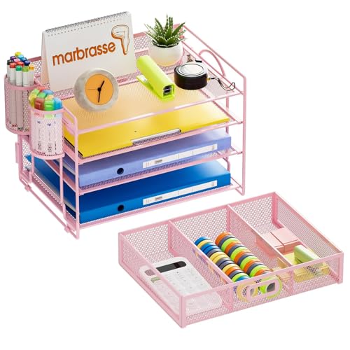 Marbrasse Desk Organizer, 4-Tier Paper File Letter Tray, Pink-2P - color: Pink with Pen Holder 2P