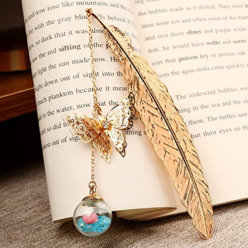 Toirxarn Metal Feather Bookmark, Back to School Teacher Gift for Women - color: Feather Gold - Light Blue Crystal With Pink Flower