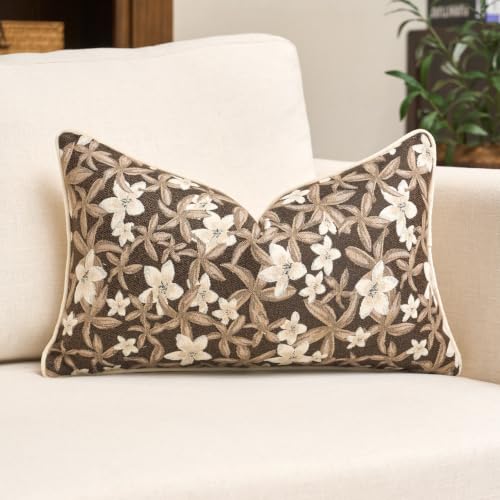 Aeckself Decorative Chenille Floral Throw Pillow Cover 12 x 20 Inch, Brown - color: Brown, size: 20" x 12" (Pack of 1)