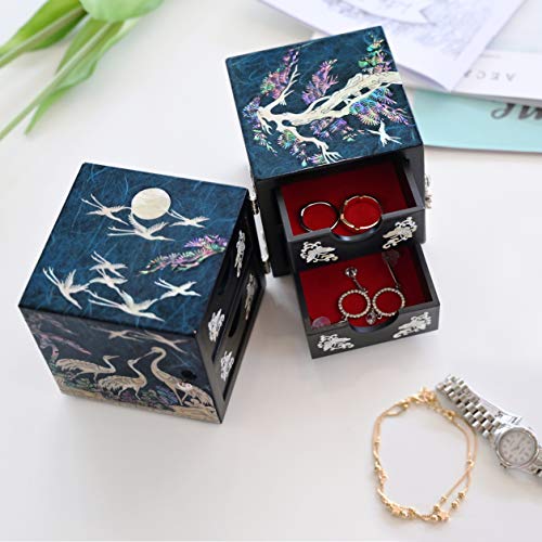 MADDesign Mother of Pearl Twin Cubes Jewelry Box Crane Pine Tree Blue - color: Blue