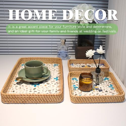 Rectangle Rattan Serving Tray with Mother of Pearl Inlay, Handmade Wicker Coffee Table Basket for Fruit Bread Food Tea Party Picnic Table Kitchen Home Boho Decor 3 Sizes (Turkish Blue) - color: Turkish Blue