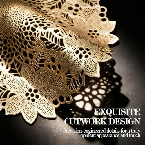 Quantum Love Set of 6 Gold Metallic Vinyl Round Placemats with Wreath Heat-Resistant Washable 15 Inch Table Mats for Daily Use Wedding Gathering Party Decor - color: Gold Wreath
