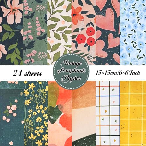 24Pcs 6×6 Scrapbook Paper Pad Decorative Decoupage Paper Pink Yellow Floral Pattern Pack Scrapbook Supplies For DIY Photo Album Decor Art Junk Journal Supplies,Card Making Scrapbooking Craft