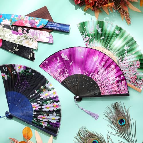 Zonon 4 Pack Hand Held Folding Fans for Women Silk,Vintage Butterfly - style: Vintage Butterfly