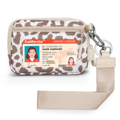 Wristlet Wallet for Women with Clear ID Window, Zip Coin Purse and Keychain - color: Beige Leopard