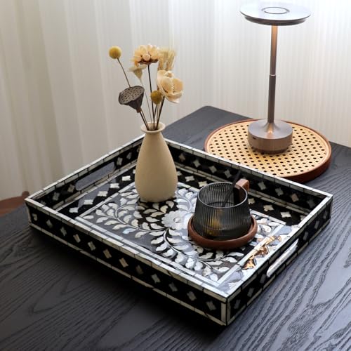 Rectangular Mother of Pearl Serving Tray, Handmade Ottoman Decorative Shell Tray with Handles for Fruit Bread Tea Breakfast Coffee Table Party Home Decor (Black Wicker Butterfly) - color: Black Wicker Butterfly