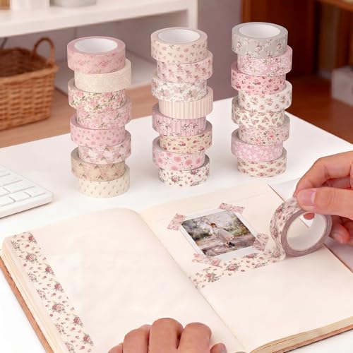 Gueevin 24 Rolls Floral Washi Tapes Set Scrapbook Supplies, Pink Floral - style: Pink Floral