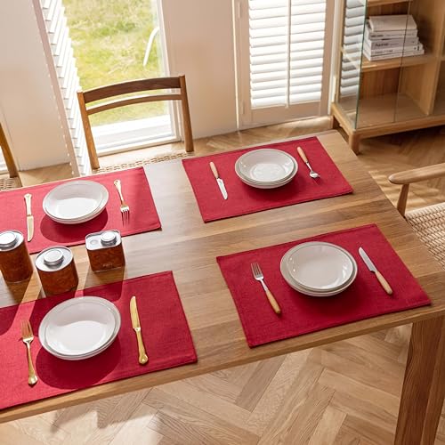 Demetex Placemats Set of 4 Heat Resistant Red Linen Place Mats Wipeable Cloth Placemats for Party Wedding Holiday Dinner, 13 x 19 inches, Wine Red - color: Red, size: Placemats set of 4