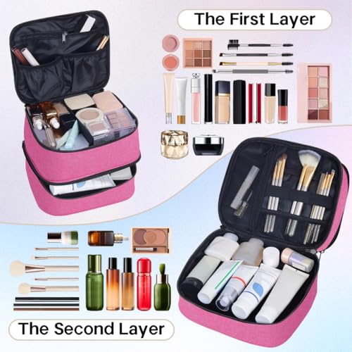 Double Layer Makeup Bag with Adjustable Dividers, Wine - color: Wine