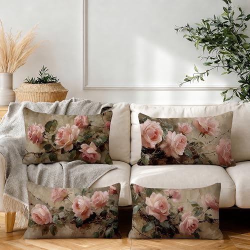 Vintage Pink Rose Floral Throw Pillow Covers Decor 12x20, Shabby Chic Rustic Cottagecore Decorative Rectangle Throw Pillow Covers, Gifts for Room Couch Double-Sided Set of 4 - color: A-rose-8, size: 20" x 12" (Pack of 1)
