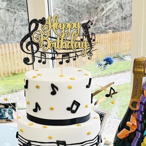 1 PCS Music Happy Birthday Cake Topper Black Gold Glitter Musical Symbol Note Microphone Music Lover Birthday Cake Pick for Concert Singer Theme Party Cake Decoration Supplies - color: Design 6
