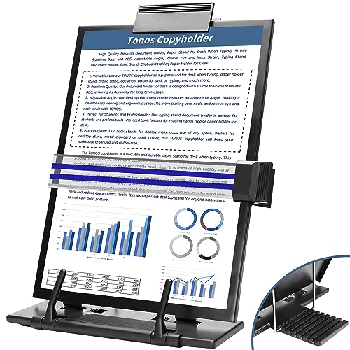 TONOS Paper Stand Document Holder - Quality Document Holder for Desk, Paper Stands for Desk When Typing, Sturdy Stainless Steel Copy Holder, Adjustable Angle, Papers Holder Stand for Desk Typing