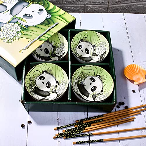 Ceramic Rice Bowl with Chopsticks Set of 4, 4.5" Cute Panda Small Bowls - color: PDS