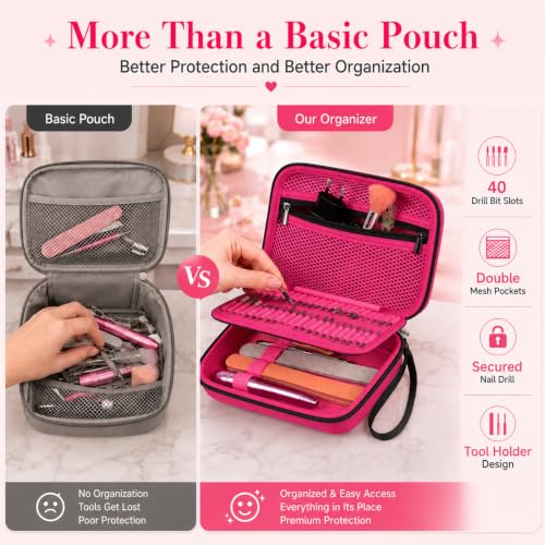 ALKOO 40-Slot Nail Drill Organizer Case with Nail Drill Bit Holder - color: Rose Red