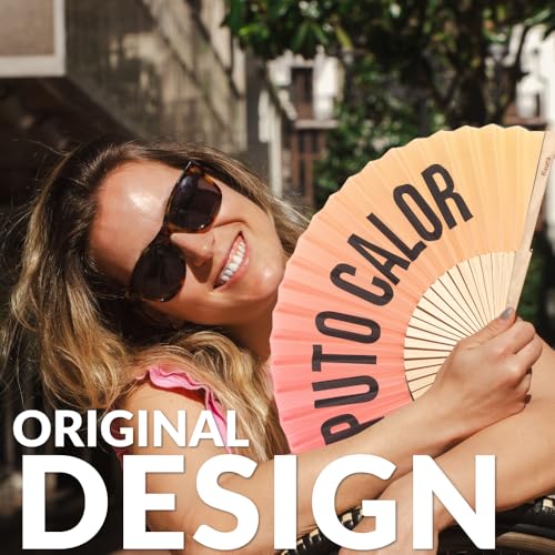 Fisura – Original Gradient Folding Fan with Message “P*to calor”. Wooden Handheld Fan for Women with Hanger. Accessory for Weddings, Parties, Festivals, Birthdays and Fun Gift Ideas. - color: Calor, Sunset Gradient
