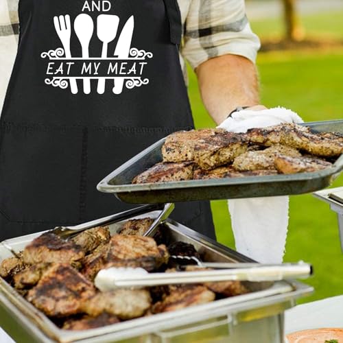Rosoz Funny BBQ Black Chef Aprons for Men Adjustable Kitchen Cooking Aprons - color: Eat My Meat