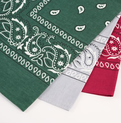 Bycc Bynn Large Soft Cotton Bandanas Pack for Men & Women 22 x 22 inches - color: Burgundy + Dark Green + Light Grey
