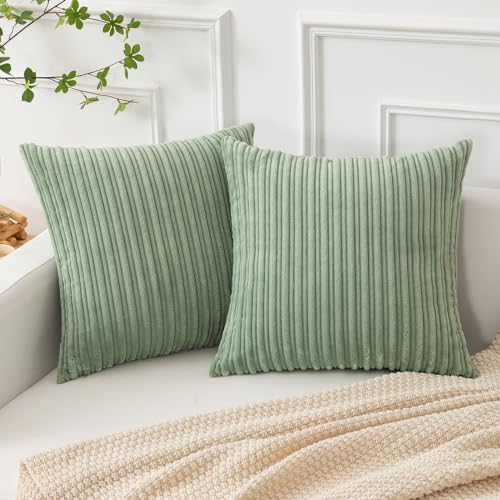 Kevin Textile Striped Corduroy 16”x16” Pillow Covers 2 Pack, Sage Green - color: Sage Green, size: 16" x 16" (Pack of 2)