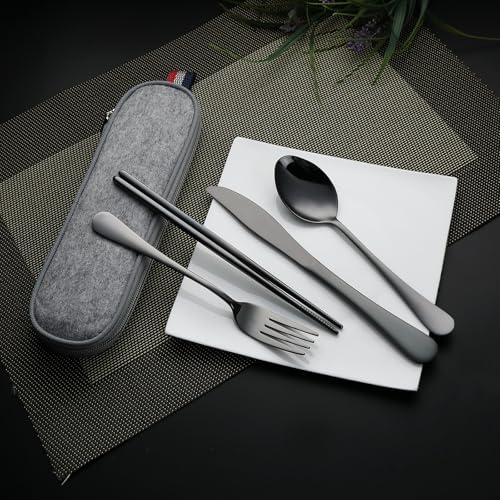 DEVICO Travel Utensils with Case, 5 Piece Portable Silverware Set for Work - color: Black