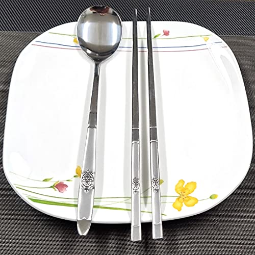 GARASANI Korean Traditional Cutlery Stainless Steel Spoons and Chopsticks Set (Silver Turtle) - color: Silver Turtle