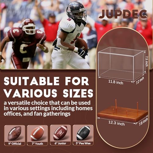 JupDec Football Display Case Full Size, Acrylic Clear Box with Wood Stand, UV Protected Memorabilia Holder, for Football Fans & Collectors, Sports Collectibles, No Assembly Required - color: Brown