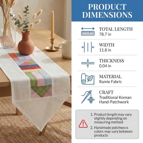 Korean Table Runner, Bojagi Patchwork 100% Ramie, White, 78.8*11.8 Inch - color: White