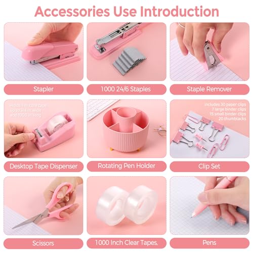 SKYDUE Pink Desk Accessories 11Pcs with Rotating Pen Holder for Desk - color: Pink