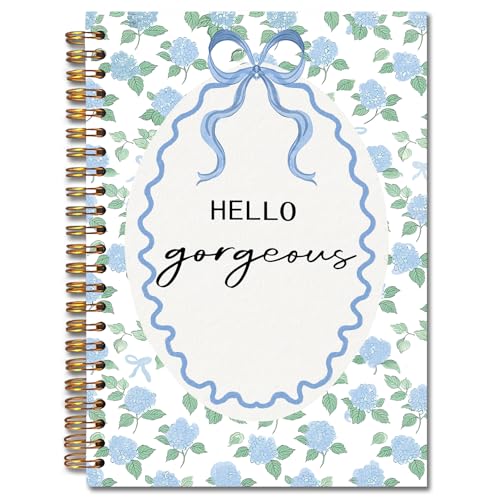 JINYO Hello Gorgeous Hydrangea Floral Notebook, Coquette Blue Bow Notebooks for Note Taking, Preppy Blue Journals for Writing, Girly Aesthetic Floral Spiral Notebook 5.5x8.3 Inch - color: white