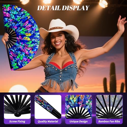 13 Inch Large Rave Fan & Clack Fan for Line Dancing - Folding Hand Fan with UV Glow for Boots on The Ground, Performance, Wedding, Party - Portable Handheld Fan for Women & Men - color: Butterfly*1