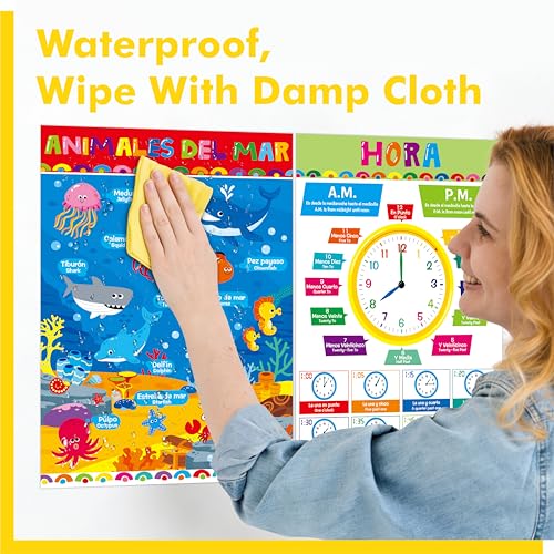 17 Spanish & English Posters, Thick Elementary Bilingual Poster Set, Waterproof & Tearproof with PET Film, Early Learning Tool, Dual Language Educational Posters for School Supplies, Classroom Decor - color: 17 Spanish & English Posters