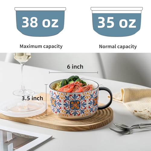 Jumbo Ceramic Soup Bowl with Lid, Microwave Safe - Pattern C - color: Pattern C, size: Set of 1