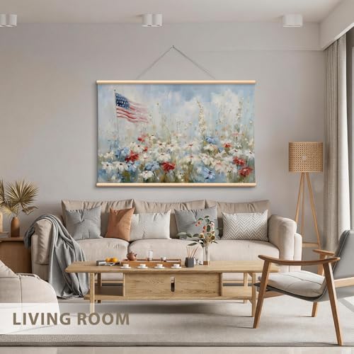 VIYYIEA Extra Large Patriotic July 4th Landscape Canvas Wall Art, 36x54in - color: Patriotic Floral Scroll