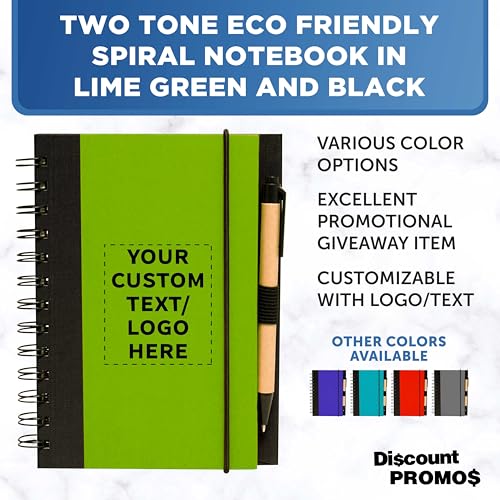 DISCOUNT PROMOS Custom Eco Block Notebooks with Pens Set of 10/50/100, Personalized Bulk Pack - Perfect for School, Office, Business, Home - Lime Green - color: - Custom - Lime Green, size: 10/50/100 notebooks