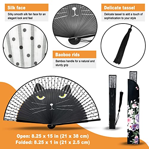 Hand Fan for Women Foldable - Folding Chinese Japanese Vintage Bamboo Silk Fan - Ideal for Hot Flashes, Church, EDM, Festivals, Dancing and Gifts (Black Cat) - color: Black Cat