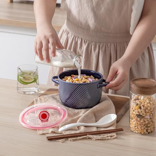 Ceramic Soup Bowl with Lid & Handle, Microwave Safe 32 oz, Navy - color: Navy, size: 2 pcs