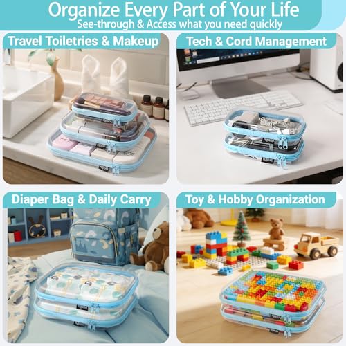 YQBRAO Clear Hard Shell Zipper Cases, 3 Large Travel Organizers, Blue - color: Blue, size: 3 Pack(L)