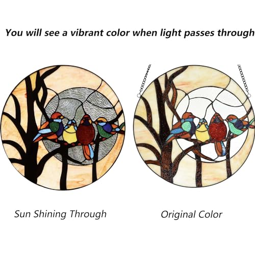 Bieye W10045 Birds & Full Moon Tiffany Style Stained Glass Panel, 16-Inch