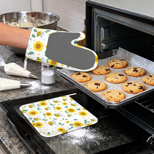 Cute Bee Sunflower Heat-Resistant Silicone Oven Mitts and Pot Holders 4 Piece Set,Extra Long Non-Slip Kitchen Oven Gloves for Cooking, Baking, BBQ,Grilling - color: Cute Bee Sunflower