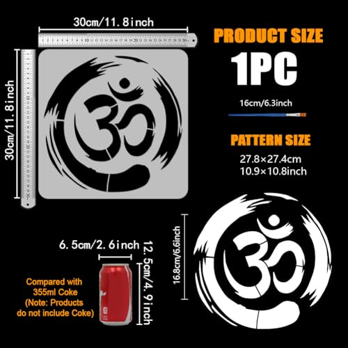 FINGERINSPIRE Om Symbol Stencil with Paint Brush 11.8x11.8 inch Yoga Zen Circle Pattern Template Yoga Om Symbols Craft Stencil for Painting on Wall Wood Floor Tile Canvas Fabric Furniture - style: OM Zen Circle