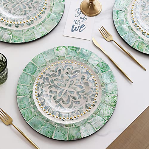 i-lan 2Pack 13" Mother of Pearl Decorative Charger Plates Display,Sea Shell Inlay Wood Charger Plates for Dining, Party,Diner Table Modern Decorative Placemats for Home Decor,Blue-green Leaf - style: Style 4