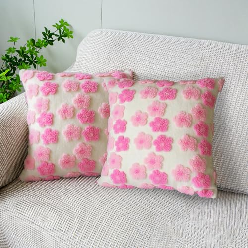 Pink Floral Throw Pillow Covers 18x18 Inch Set of 2, Flower Jacquard Farmhouse Decorative Faux Fur Cushion Cases for Sofa Bedroom Living Room Home Decor Pink x2 - color: Plum Blossom Pink X2, size: 18" x 18" (Pack of 2)