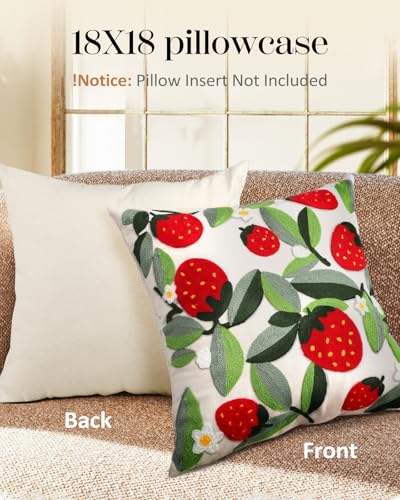 Embroidered Throw Pillow Cover, 18x18 Inch, Strawberry Leaves - color: Leaf Strawberry, size: 18" x 18" (Pack of 1)