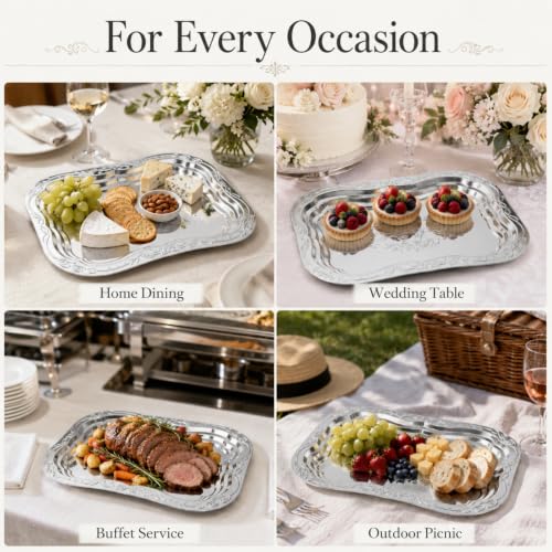 4 Pcs Large Silver Serving Trays, 15.7x10.8 in Stainless Steel Rectangular Serving Tray, Decorative Floral Engraved Platters for Party, Wedding, Buffet, Home Kitchen - size: 15.7x10.8 in