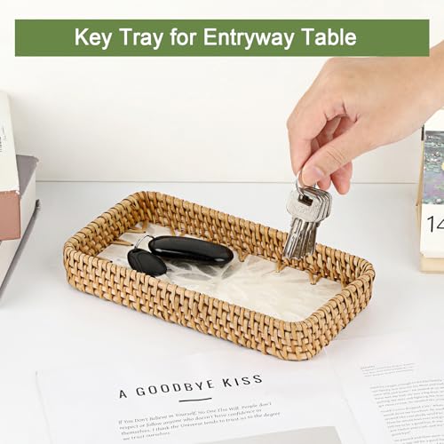 Key Basket for Entryway Table, Rattan Tray Rectangular Key Holder - color: White, size: 8.3" x 4.3" x 1.6"