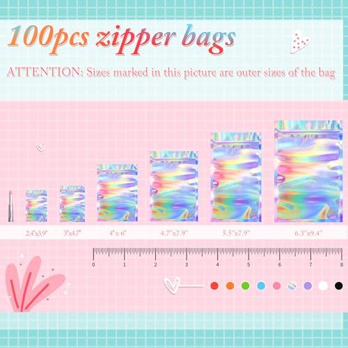 Funfery 100pcs Mylar Holographic Bags-Resealable Zipper&Clear Window - color: Holographic, size: 3 x 4.7 Inch