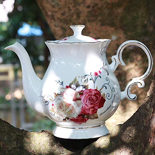 European Style Ceramic Flower Teapot Coffee Pot Water Pot Porcelain Gift Large 5.5 Cups (1, Rose) - color: Rose